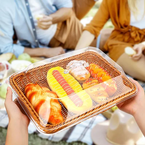 Vista 5 de Mumufy Paquete de 2 cestas de mimbre grandes para pan con tapa acrílica, regalo de inauguración de la casa, cesta rectangular de imitación de ratán