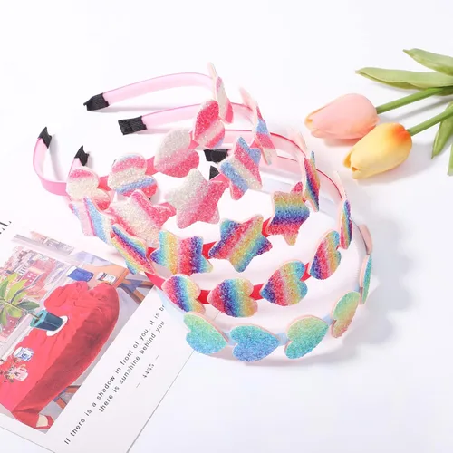Vista 5 de paquete de 8 diademas para niñas con purpurina, accesorios para el cabello para niños con forma de arco/corazón/estrella, diadema dulce