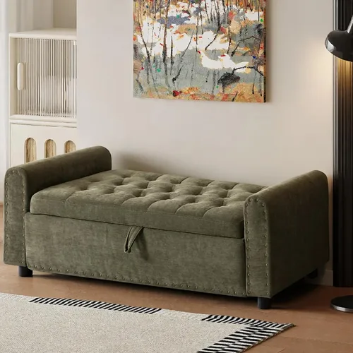 Vista 11 de 48" Ottoman with Storage, Tufted Storage Ottoman Bench, Convenient Living Room Fabrics Bench Seat, Entryway Shoe Benches with Inner Zipper & Arm
