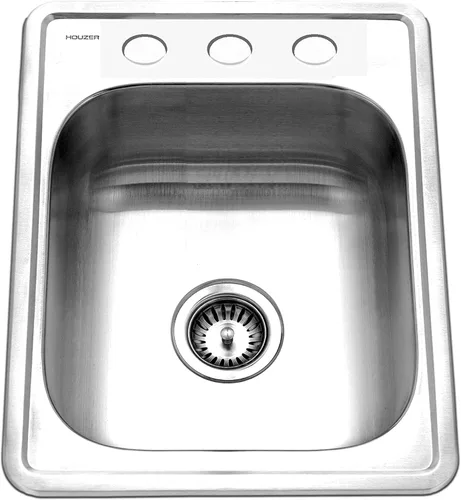 Houzer Glowtone A1722-7BS-1 - Fregadero de barra de acero inoxidable de 17 pulgadas con colador, montaje superior, 3 agujeros
