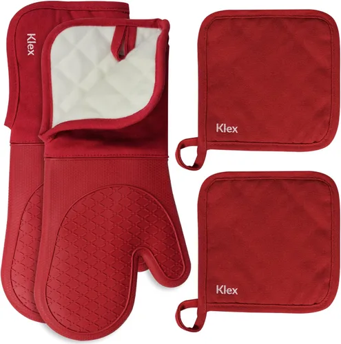 Vista 7 de Klex Guantes de horno de silicona extralargos, resistencia al calor de 932 °F con forro de algodón acolchado, juego de 2 piezas, 15 pulgadas, rojo