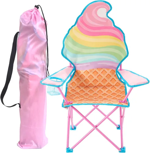 Heritage Kids Silla de campamento plegable con temática de helado, silla portátil ligera con bolsa de transporte y soporte para tazas, asiento para