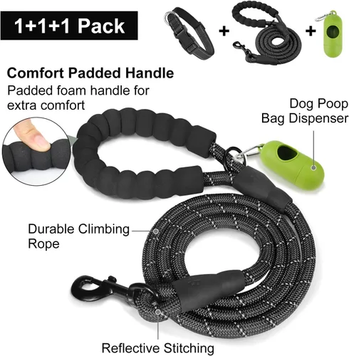 Vista 3 de Dynmeow - Juego de collar y correa reflectante para perro, correa de cuerda de escalada resistente de 6 pies con mango acolchado, collar ajustable