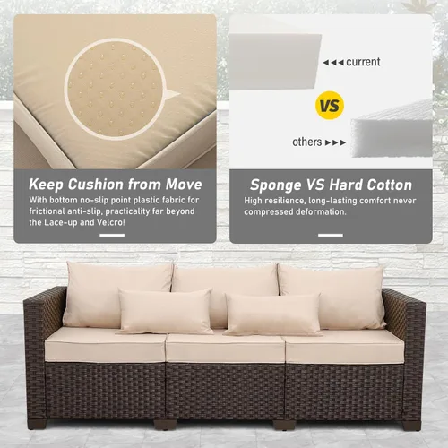 Vista 4 de Muebles de exterior, sofá de 3 plazas, sofá de mimbre marrón para exteriores, asiento profundo, respaldo alto, sofá de patio con cojines