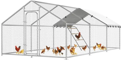 Vista 16 de Gallinero de metal grande con perca de gallo, jaula para aves de corral al aire libre con malla de alambre resistente y cubierta resistente a