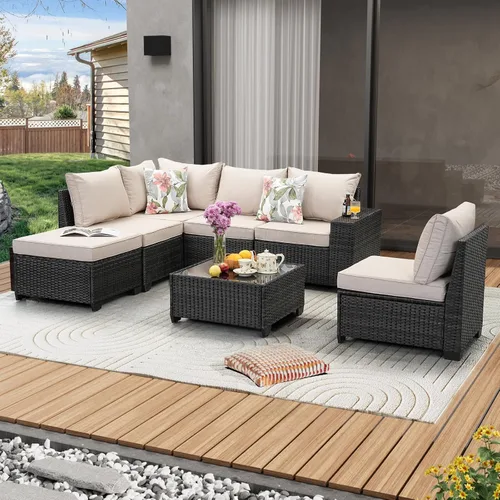 Vista 14 de JOYURE Juego de muebles de patio de 5 piezas, para todo tipo de clima, para exterior, sofá seccional de mimbre, sofá de ratán para patio con cojín