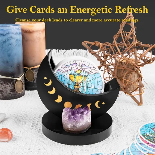 Vista 4 de Caja de exhibición de tarot con soporte para tarjetas, estuche de madera con soporte de fase lunar para almacenamiento de piedra de cristal
