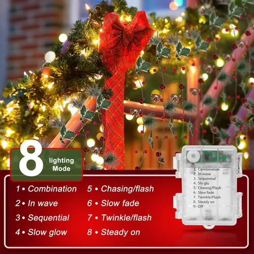 Vista 5 de Crafare Guirnalda de Navidad de 6 pies con Piñas, Luces de Cadena con 20 LED de Bayas Rojas, Luces de Guirnalda de Piñas, Luces de Cadena LED