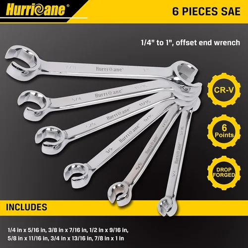 Vista 4 de HURRICANE Flare Nut Wrench Set, SAE 6 piece Brake Line Wrench Set, Size from 1/4 to 1 inch, 15 degree Offset Double Open End with Organizer Pouch