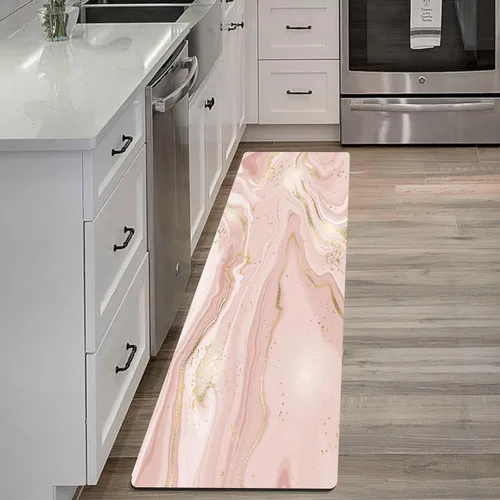 Vista 8 de Mrcrypos Tapete de cocina pequeño con diseño de mármol de oro blanco para piso, tapete de cocina de cuero de PVC, impermeable, acolchado