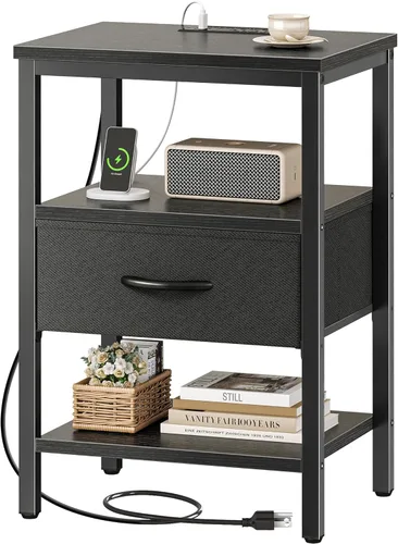 Vista 20 de SUPERJARE - Mesita de noche con estación de carga, con cajón de tela ajustable, para dormitorio, mesa auxiliar de almacenamiento de 3 niveles