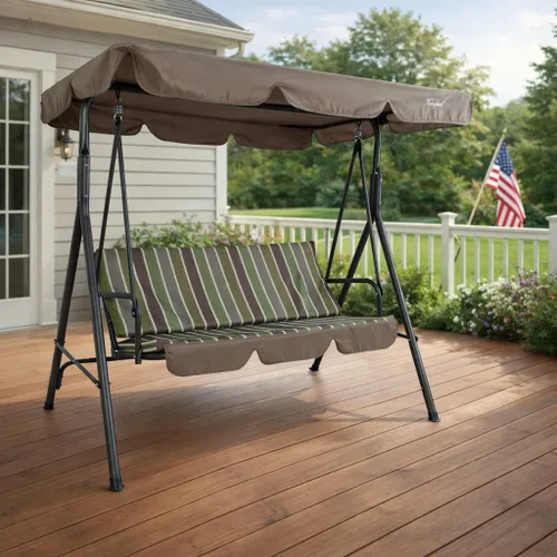 Vista 7 de Kozyard Alicia - Silla Columpio para Patio, Cómodos Asientos de 3 Cojines con Marco de Acero Resistente, Toldo Ajustable y Cojín Extraíble, Columpio