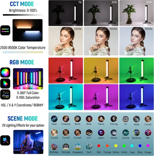 Vista 2 de Weeylite K21 RGB LED Stick Light, control magnético de aplicación LED de video varita con CRI 95+ 2500mAh recargable 2500-8500K luz de fotografía