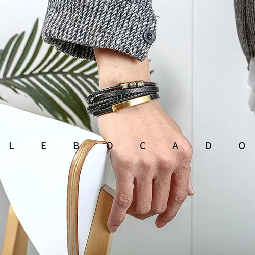 Vista 5 de LEBOCADO Genuine Leather Bracelet for Men Stainless Steel Charm Magnetic Clasp Classic Multi-layer Mens Bracelet Gift for men Length 8.26 inch