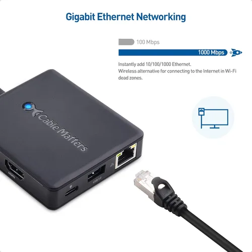 Vista 5 de Cable Matters Concentrador USB C 7 en 1 con triple pantalla (HDMI, DisplayPort, VGA), 2 USB 3.0, Gigabit Ethernet, carga de 100 W - Thunderbolt