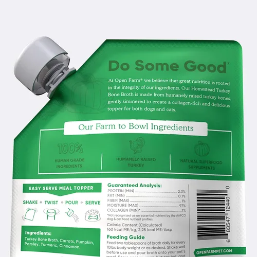 Vista 3 de Open Farm Caldo de hueso, adorno de comida para perros y gatos con carne de origen responsable y superalimentos sin sabores artificiales ni