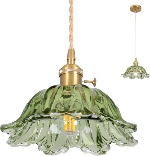 Vista 9 de Lámparas colgantes, lámpara colgante de techo de 9.4 pulgadas, E26, vintage, de cristal verde, para dormitorio, sala de estar, pasillo