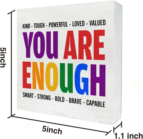 Vista 2 de Letrero de madera con texto en inglés "You Are Kind Tough Powerful Enough - Decoración de escritorio, con citas LGBT, bloque de madera, placa, caja