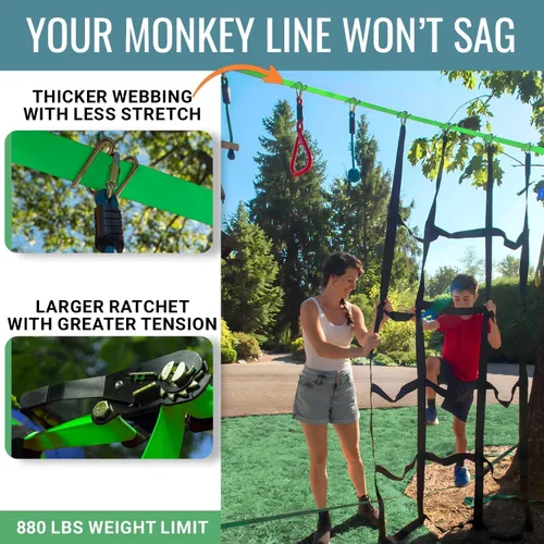 Vista 3 de Carrera de obstáculos Ninja Warrior para niños: 2 x 65 pies con 13 obstáculos, resistente a la intemperie, dificultad ajustable, configuración