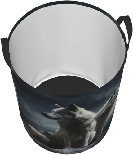 Vista 3 de Cesta circular con estampado de lobo en la noche, impermeable, cesta organizadora de lavandería, con asas, para ropa, juguetes, tamaño mediano