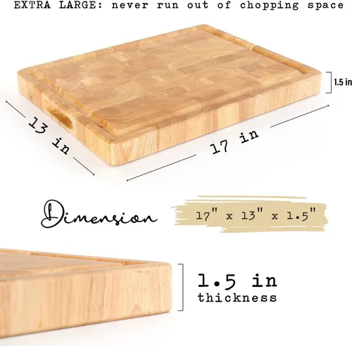 Vista 3 de Tabla de cortar de madera de grano final de bloque de carnicero, tabla de cortar reversible multiusos de 17 x 13 x 1.5 pulgadas con ranura