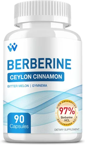 Berberina con canela de Ceilán - Suplemento de berberina 1500 mg Berberina HCl 97% de pureza con complejo de melón amargo suplementos - Vegano sin
