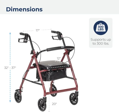 Vista 7 de Drive Medical Aluminum Rollator Walker Fold Up and Removable Back Support, Padded Seat, 6" Wheels, Red