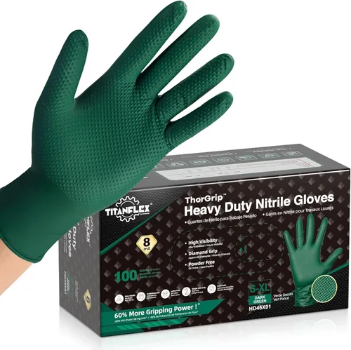 Vista 14 de TitanFlex Heavy Duty Industrial Nitrile Gloves with Raised Diamond Texture, 8-mil, Latex Free (Green/Dark Green/Yellow)