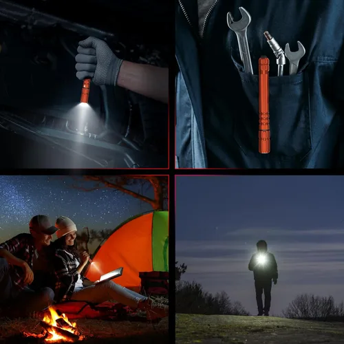 Vista 7 de FORTO Linterna de luz recargable para bolígrafo, linterna de bolsillo pequeña de 400 lúmenes con clip, IP67 impermeable, 2 modos de luz, indicador