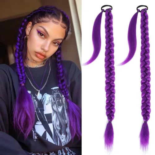 Vista 21 de 2 paquetes de extensión de cola de caballo trenzada larga de 16 pulgadas color marrón para mujeres negras con banda elástica, trenzado recto