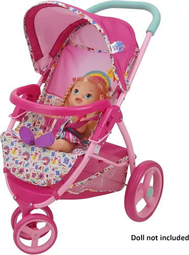 Vista 6 de Baby Alive: Cochecito de muñeca para correr, rosa y arcoíris, se adapta a muñecas de hasta 24 pulgadas, toldo retráctil, barra de parachoques