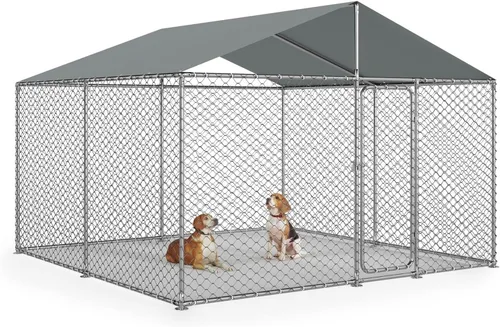 Vista 11 de Perrera para perros al aire libre de 7.8 x 7.8 pies con puerta de metal, bolígrafos para perros con techo, perrera resistente para uso en granja