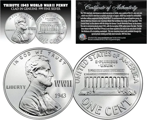Moneda Tribute Steelie WWII Penny de 1943 revestida en auténtica plata fina .999 - Lote de 3