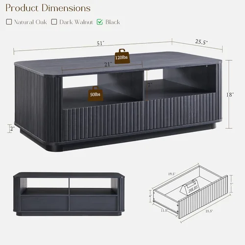 Vista 2 de ACCOHOHO 51" Fluted Coffee Table with Storage, Large Modern Center Table with 2 Drawers, Rectangle Wood Coffee Table for Living Room, Black Oak