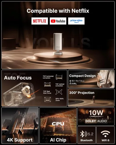 Vista 2 de [Aplicación con licencia oficial y audio DoIby] Mini proyector inteligente con WiFi y Bluetooth, proyector portátil VOPLLS para exteriores 4K