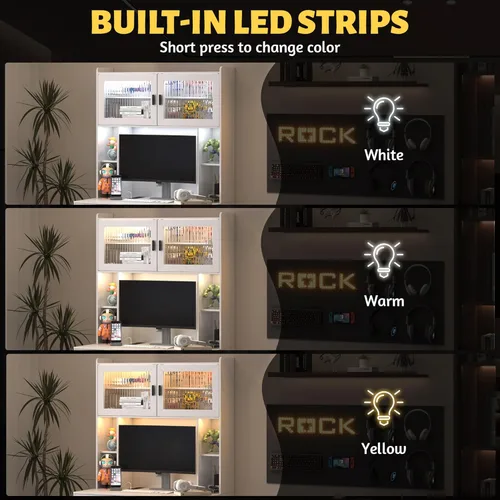 Vista 14 de LVSOMT Escritorio de oficina en casa con gabinete y cajones, moderno escritorio para juegos para computadora con luces LED y tomas de corriente