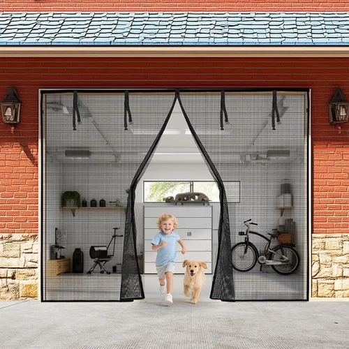 Vista 11 de LOOBANI Puerta mosquitera de garaje de 8 x 7 pies: resistente cierre magnético para puerta de garaje 1 coche, pantalla de red retráctil enrollable