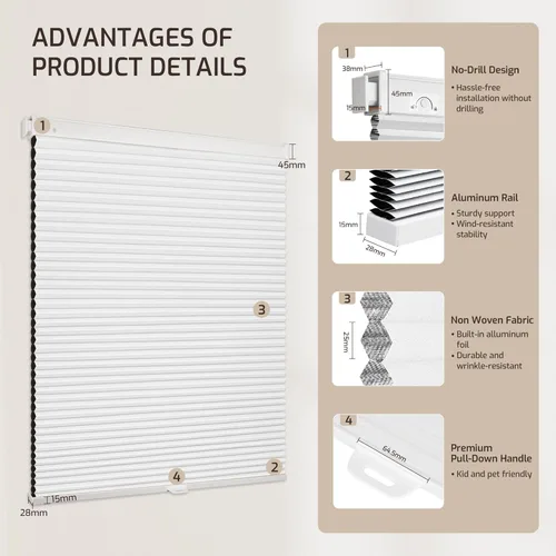 Vista 9 de Grandekor Persianas celulares inalámbricas sin taladro, sin herramientas, opacas, persianas de panal para ventanas interiores, protección UV
