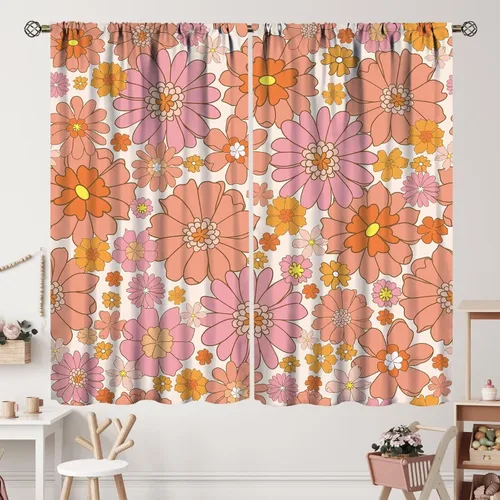 Vista 49 de Cortinas opacas de flores arcoíris para dormitorio, estilo retro abstracto, hippie, cortinas de ventana con aislamiento térmico para sala de estar