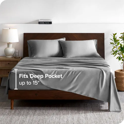 Vista 4 de Bare Home Juego de sábanas de lujo de 100 % rayón hecho de bambú, juego de ropa de cama de 4 piezas, bolsillos profundos, sábanas refrescantes