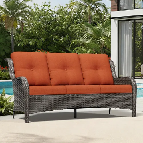 Vista 13 de Joyside Sofá de patio al aire libre, sofá de mimbre para exteriores de 3 plazas con respaldo alto, asientos profundos, reposabrazos anchos, cojines
