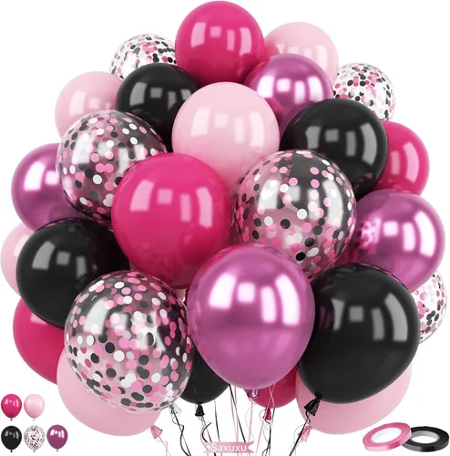 Globos rosados y negros, 60 piezas de 12 pulgadas, color rosa intenso, rosa claro, negro, confeti, globos metálicos rosados para fiesta temática de