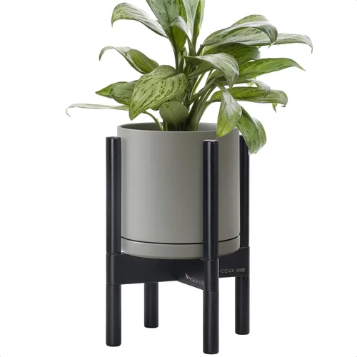 Vista 42 de D'vine Dev Maceta de cerámica con soporte de ébano – Maceta redonda moderna de 8 pulgadas con soporte para maceta de madera, color negro, 55-B-M-2