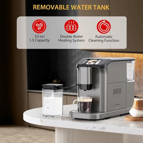 Vista 5 de Garvee Máquina de café expreso totalmente automática con molinillo integrado y espumador de leche, cafetera para 4 bebidas y café con leche