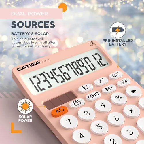Vista 5 de CATIGA Calculadora de escritorio de 12 dígitos Calculadora de escritorio básica con pantalla LCD grande, botones grandes, 4 funciones, energía solar