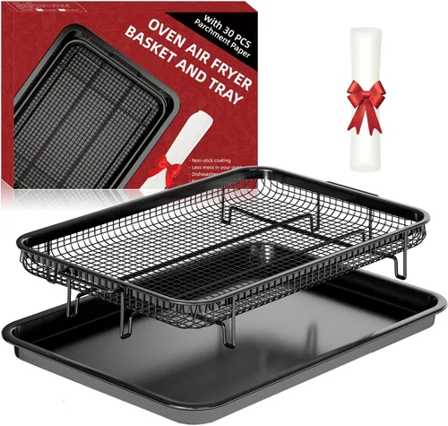 Cesta para freidora de aire para horno, sartenes grandes de 15.7 x 11.6 pulgadas para horno de convección con 30 hojas de papel pergamino, cesta
