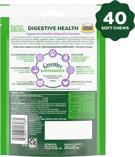 Vista 2 de Suplementos Greenies para la salud digestiva, probióticos para perros con sabor a pollo, bolsa de 7.8 oz. Paquete de 40 unidades.