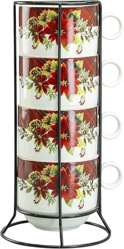 Vista 2 de Juego de 4 tazas apilables de café y té de 10 onzas con soporte de metal (Poinsettia)