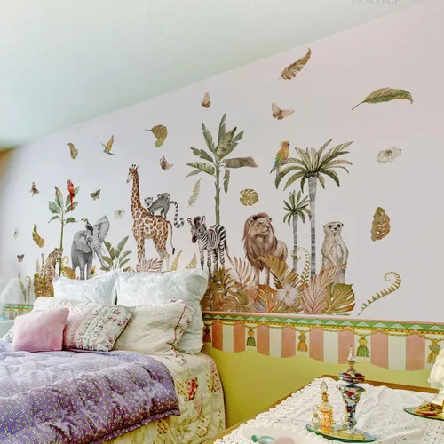 Vista 3 de Large Safari Animals Boho Tropical Rainforest Leaves Tree Wall Stickers Jungle Animals Giraffe Elephant Lion Leopard Parrot Wall Decals for Living