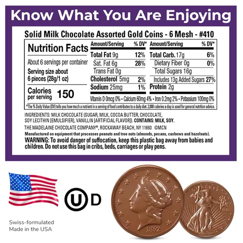 Vista 2 de Madelaine - Monedas de oro de chocolate con leche maciza, altamente detalladas, suaves y cremosas (tamaños surtidos, 6 bolsas de malla)